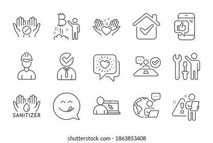 Bitcoin Project, Vacancy And Online Education Line Icons Set. Yummy Smile, Hold Heart And Medical Tablet Signs. Friends Chat, Job Interview And Repairman Symbols. Line Icons Set. Vector