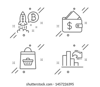 Bitcoin project, Wallet and Online buying line icons set. Decreasing graph sign. Cryptocurrency startup, Affordability, Shopping cart. Column chart. Finance set. Vector