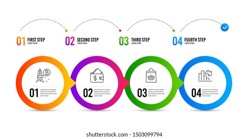 Bitcoin project, Wallet and Online buying line icons set. Timeline infographic. Decreasing graph sign. Cryptocurrency startup, Affordability, Shopping cart. Column chart. Finance set. Vector