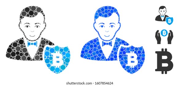 Bitcoin protector mosaic of small circles in variable sizes and shades, based on Bitcoin protector icon. Vector filled circles are composed into blue mosaic.