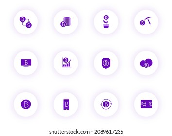 bitcoin purple color vector icons on light round buttons with purple shadow. bitcoin icon set for web, mobile apps, ui design and print