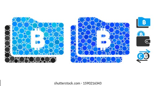 Bitcoin purse composition of round dots in variable sizes and color tints, based on Bitcoin purse icon. Vector dots are united into blue composition.