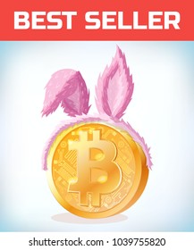 Bitcoin in rabbit ears. Bitcoin. Digital currency. Crypto currency. Money and finance symbol. Miner bit coin criptocurrency. Virtual money concept. Cartoon Vector illustration