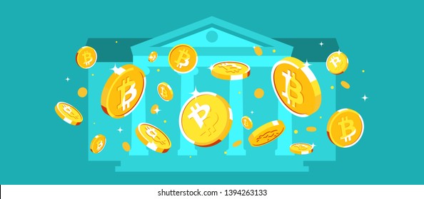 Bitcoin. Random falling gold cryptocurrency coins. Concept mining, digital money, payment, blockchain technology.