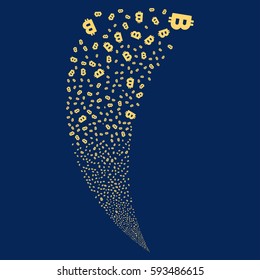 Bitcoin random fireworks stream. Vector illustration style is flat yellow iconic symbols on a blue background. Object fountain organized from scattered icons.