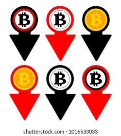 Bitcoin rate falling color icon. Cryptocurrency with down arrow. Bit coin collapse Falls Down symbol. Vector Illustration

