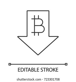 Bitcoin rate falling linear icon. Thin line illustration. Cryptocurrency with down arrow. Contour symbol. Bitcoin collapse. Vector isolated outline drawing. Editable stroke