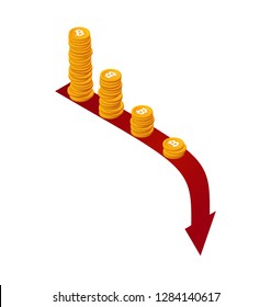 Bitcoin Rate Falls Down Vector Isolated Icon Concept. Isometric Stacks Of Coins On Red Arrow Down. Financial Crisis Illustration