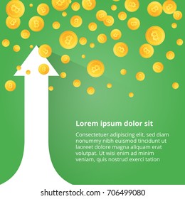 The bitcoin rate is growing. From above gold coins bitcoin fall. Vector illustration.