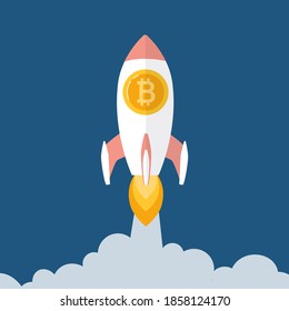 Bitcoin rate growth concept. Blockchain technologies, bitcoins, altcoins, finance, digital money market, cryptocurrency wallet, 
rocket. Vector illustration in flat 
style.