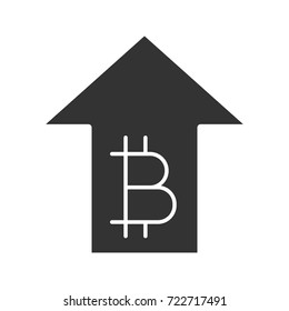 Bitcoin rate rising glyph icon. Silhouette symbol. Cryptocurrency with up arrow. Negative space. Vector isolated illustration