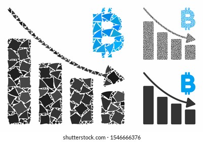 Bitcoin recession bar chart composition of rough pieces in different sizes and color tints, based on Bitcoin recession bar chart icon. Vector rough dots are grouped into collage.
