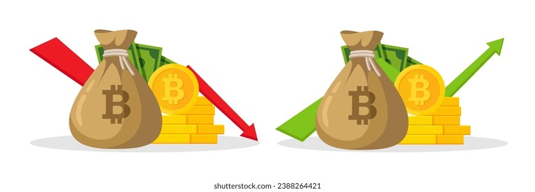 Bitcoin recession concept. Bitcoin loss, flat cash with down arrow