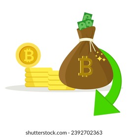 Bitcoin recession concept. Bitcoin loss, flat cash with down arrow