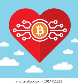 Bitcoin and red heart on blue sky with clouds - vector concept illustration in flat style. Abstract electronic digital cryptocurrency love. Success blockchain marketing trend. Graphic design element. 