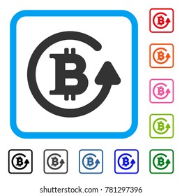 Bitcoin Refund icon. Flat gray pictogram symbol in a blue rounded squared frame. Black, gray, green, blue, red, orange color variants of Bitcoin Refund vector.