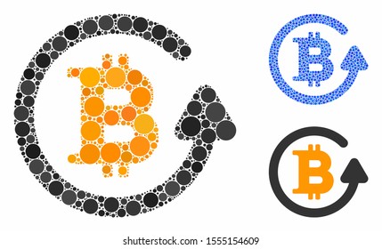 Bitcoin refund mosaic of round dots in various sizes and color tints, based on Bitcoin refund icon. Vector round elements are grouped into blue mosaic.