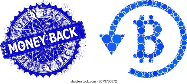 Bitcoin refund vector collage of round dots in different sizes and blue color tints, and rubber Money Back stamp seal. Blue round sharp rosette stamp seal contains Money Back tag inside it.