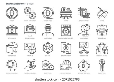 Bitcoin related, pixel perfect, editable stroke, up scalable square line vector icon set. 