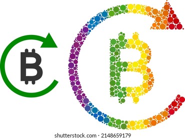 Bitcoin repay mosaic icon of round dots in variable sizes and rainbow colorful color tones. A dotted LGBT-colored bitcoin repay for lesbians, gays, bisexuals, and transgenders.