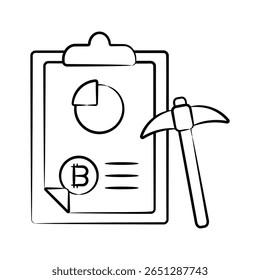 Bitcoin report with mining pickaxe, icon designed in hand drawn style