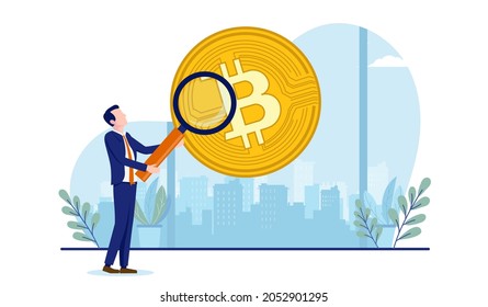 Bitcoin research - Businessman with magnifying glass looking at cryptocurrency. Vector illustration