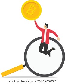 Bitcoin research - Businessman with magnifying glass looking at cryptocurrency. Vector illustration stock illustration

