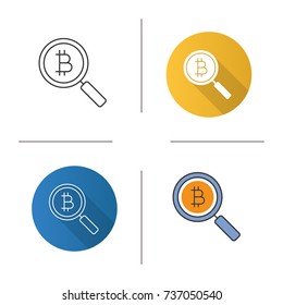 Bitcoin research icon. Flat design, linear and color styles. Magnifying glass with cryptocurrency. Searching for bitcoin. Isolated vector illustrations