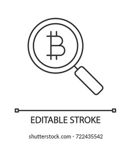 Bitcoin research linear icon. Thin line illustration. Magnifying glass with cryptocurrency. Exploring bitcoin. Contour symbol. Vector isolated outline drawing. Editable stroke