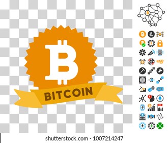Bitcoin Reward Ribbon icon with bonus bitcoin mining and blockchain images. Vector illustration style is flat iconic symbols. Designed for crypto-currency ui toolbars.
