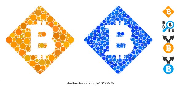 Bitcoin rhombus composition of small circles in various sizes and shades, based on bitcoin rhombus icon. Vector small circles are composed into blue illustration.
