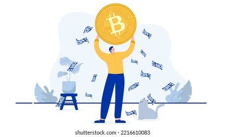 Bitcoin rich - Male person holding one big cryptocurrency coin over head, smiling and being happy with return on investment. Flat design cartoon vector illustration with white background