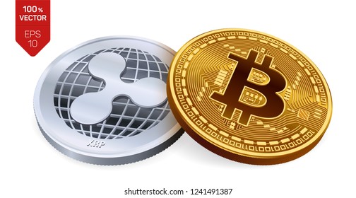 Bitcoin and Ripple. 3D isometric Physical coins. Digital currency. Cryptocurrency. Silver coin with ripple symbol and golden coin with bitcoin symbol isolated on white background. Vector illustration.