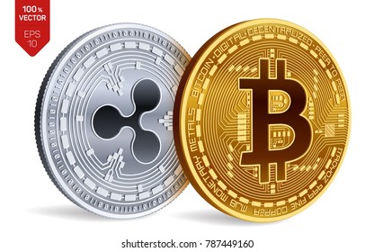 Bitcoin and Ripple. 3D isometric Physical coins. Digital currency. Cryptocurrency. Silver coin with ripple symbol and golden coin with bitcoin symbol isolated on white background. Vector illustration