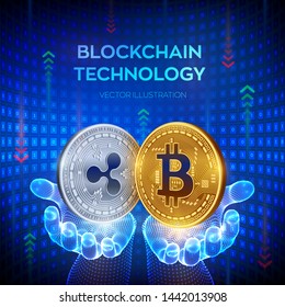 Bitcoin. Ripple. Blockchain. 3D Physical bit coin. Block chain concept. Golden and silver coins with bitcoin and ripple symbol in hands. Editable Cryptocurrency template. Vector illustration.