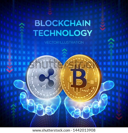 Bitcoin. Ripple. Blockchain. 3D Physical bit coin. Block chain concept. Golden and silver coins with bitcoin and ripple symbol in hands. Editable Cryptocurrency template. Vector illustration.