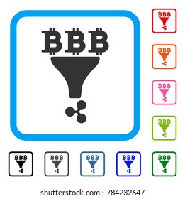 Bitcoin Ripple Conversion Filter icon. Flat gray pictogram symbol in a blue rounded rectangular frame. Black, gray, green, blue, red,