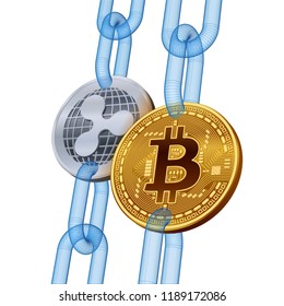 Bitcoin. Ripple. Cryptocurrency. Blockchain. Golden Bitcoin and silver Ripple coins with wireframe chain. 3D isometric Physical coins. Block chain concept. Editable template. Vector illustration.