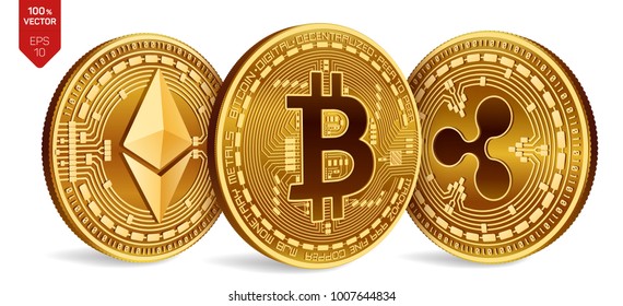 Bitcoin. Ripple. Ethereum. 3D isometric Physical coins. Digital currency. Cryptocurrency. Golden coins with bitcoin, ripple and ethereum symbol on white background. Vector illustration.