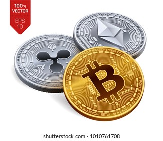 Bitcoin. Ripple. Ethereum. 3D isometric Physical coins. Digital currency. Crypto currency. Silver and golden coins with bitcoin, ripple and ethereum symbol on white background. Vector illustration