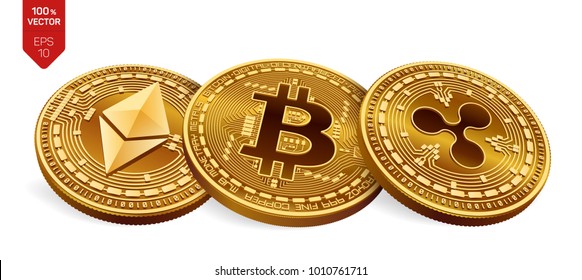 Bitcoin. Ripple. Ethereum. 3D isometric Physical coins. Digital currency. Crypto currency. Golden coins with bitcoin, ripple and ethereum symbol on white background. Vector illustration