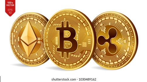 Bitcoin. Ripple. Ethereum. 3D isometric Physical coins. Digital currency. Cryptocurrency. Golden coins with bitcoin, ripple and ethereum symbol on white background. Vector illustration