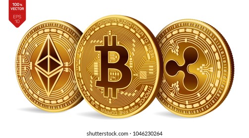 Bitcoin. Ripple. Ethereum. 3D isometric Physical coins. Digital currency. Cryptocurrency. Golden coins with bitcoin, ripple and ethereum symbol on white background. Vector illustration.