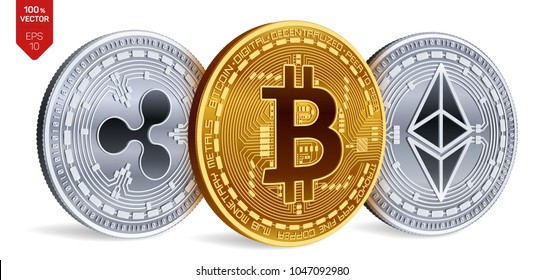 Bitcoin. Ripple. Ethereum. 3D isometric Physical coins. Digital currency. Cryptocurrency. Silver and golden coins with bitcoin, ripple and ethereum symbol on white background. Vector illustration.