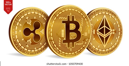 Bitcoin. Ripple. Ethereum. 3D isometric Physical coins. Digital currency. Cryptocurrency. 