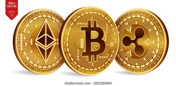Bitcoin. Ripple. Ethereum. 3D isometric Physical coins. Digital currency. Cryptocurrency. Golden coins with bitcoin, ripple and ethereum symbol on white background. Vector illustration.