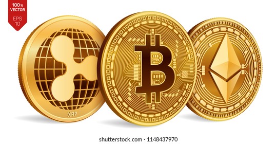 Bitcoin. Ripple. Ethereum. 3D isometric Physical coins. Digital currency. Cryptocurrency. Golden coins with bitcoin, ripple and ethereum symbol on white background. Vector illustration.