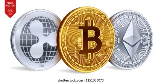 Bitcoin. Ripple. Ethereum. 3D isometric Physical coins. Digital currency. Cryptocurrency. Silver and golden coins with bitcoin, ripple and ethereum symbol on white background. Vector illustration.