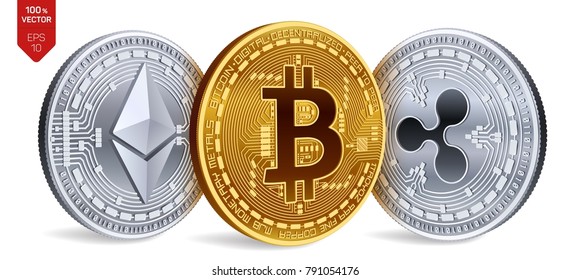 Bitcoin. Ripple. Etéreo. Monedas físicas 3D isométricas. Moneda digital. Criptomoneda. Monedas plateadas y doradas con bitcoin, símbolo ripple y etéreo sobre fondo blanco. Ilustración del vector