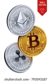 Bitcoin. Ripple. Ethereum. 3D isometric Physical coins. Digital currency. Cryptocurrency. Silver and golden coins with bitcoin, ripple and ethereum symbol on white background. Vector illustration